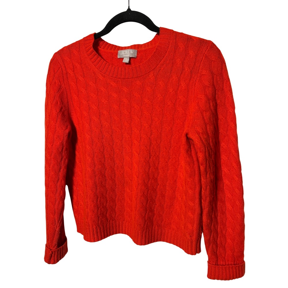 J.Crew Cashmere Cable Knit Sweater Orange Red Crew Neck Pullover Womens Small